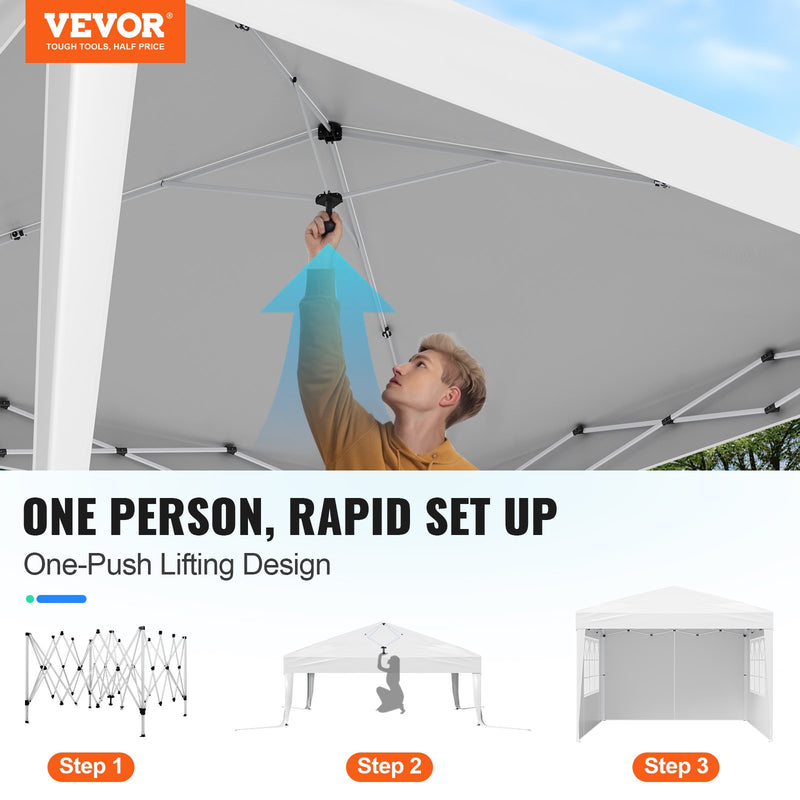 VEVOR pop-up nojume nodrošina 3 m x 3 m plašu telpu, kas ir ideāli piemērota lielākiem āra pasākumiem, piedāvājot uzticamu aizsardzību pret sauli, vēju un lietu. Piemērota gan komerciāliem, gan privātiem pasākumiem.