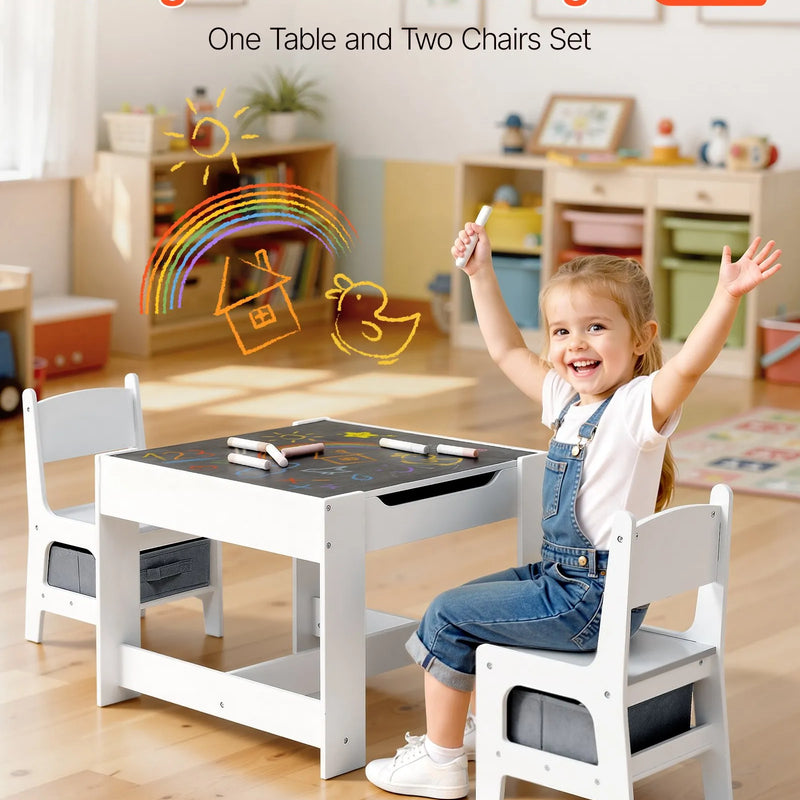 VEVOR bērnu galds ar 2 krēsliem, toddleru galds un krēslu komplekts ar uzglabāšanas vietu zem galda un auduma kastīti zem krēsliem, koka galds mākslai, radošajām aktivitātēm, lasīšanai, mācībām un zīmēšanai, balts.