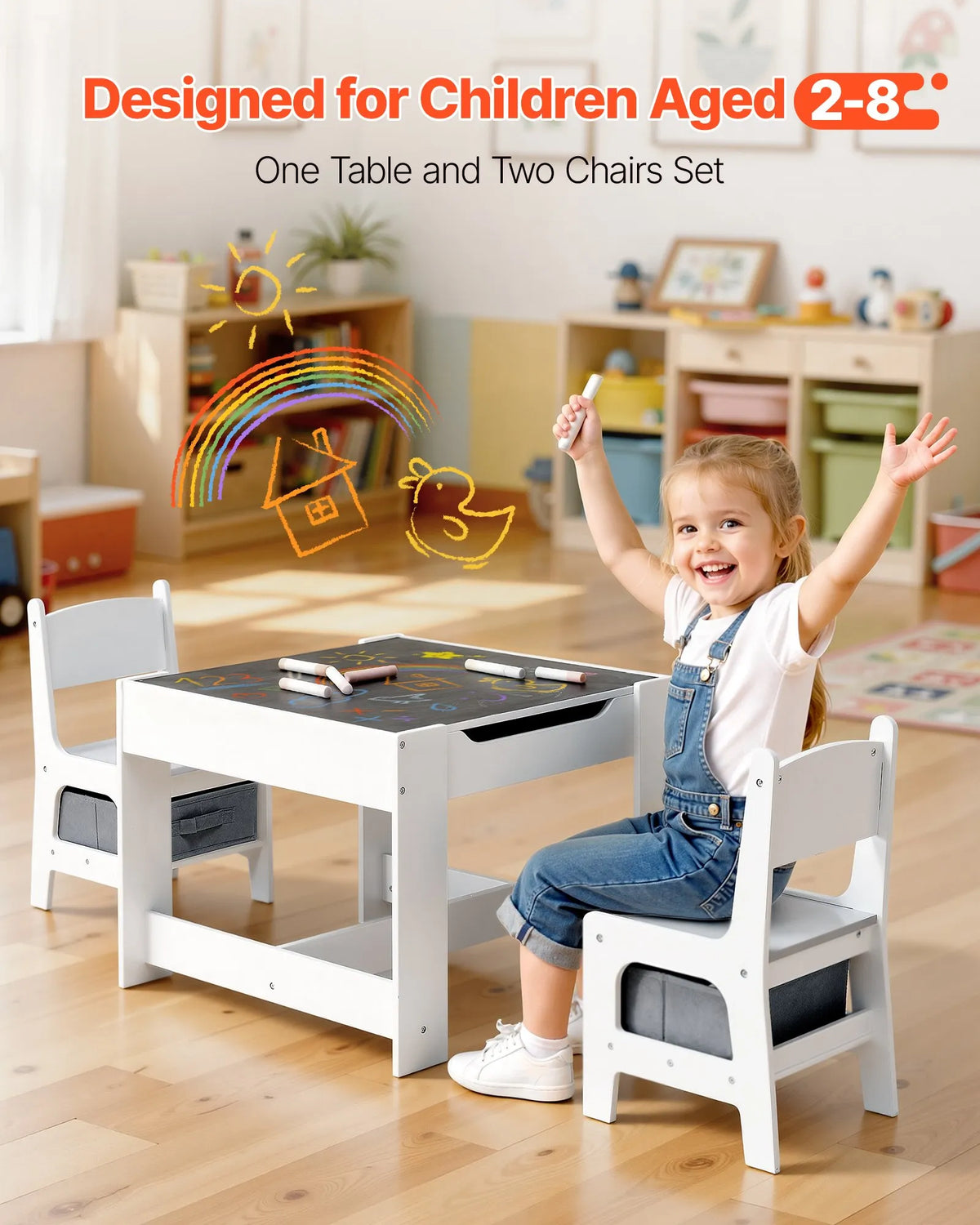 VEVOR Children's Table with 2 Chairs and Storage, Wood, White