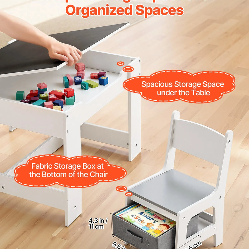 VEVOR bērnu galds ar 2 krēsliem, toddleru galds un krēslu komplekts ar uzglabāšanas vietu zem galda un auduma kastīti zem krēsliem, koka galds mākslai, radošajām aktivitātēm, lasīšanai, mācībām un zīmēšanai, balts.