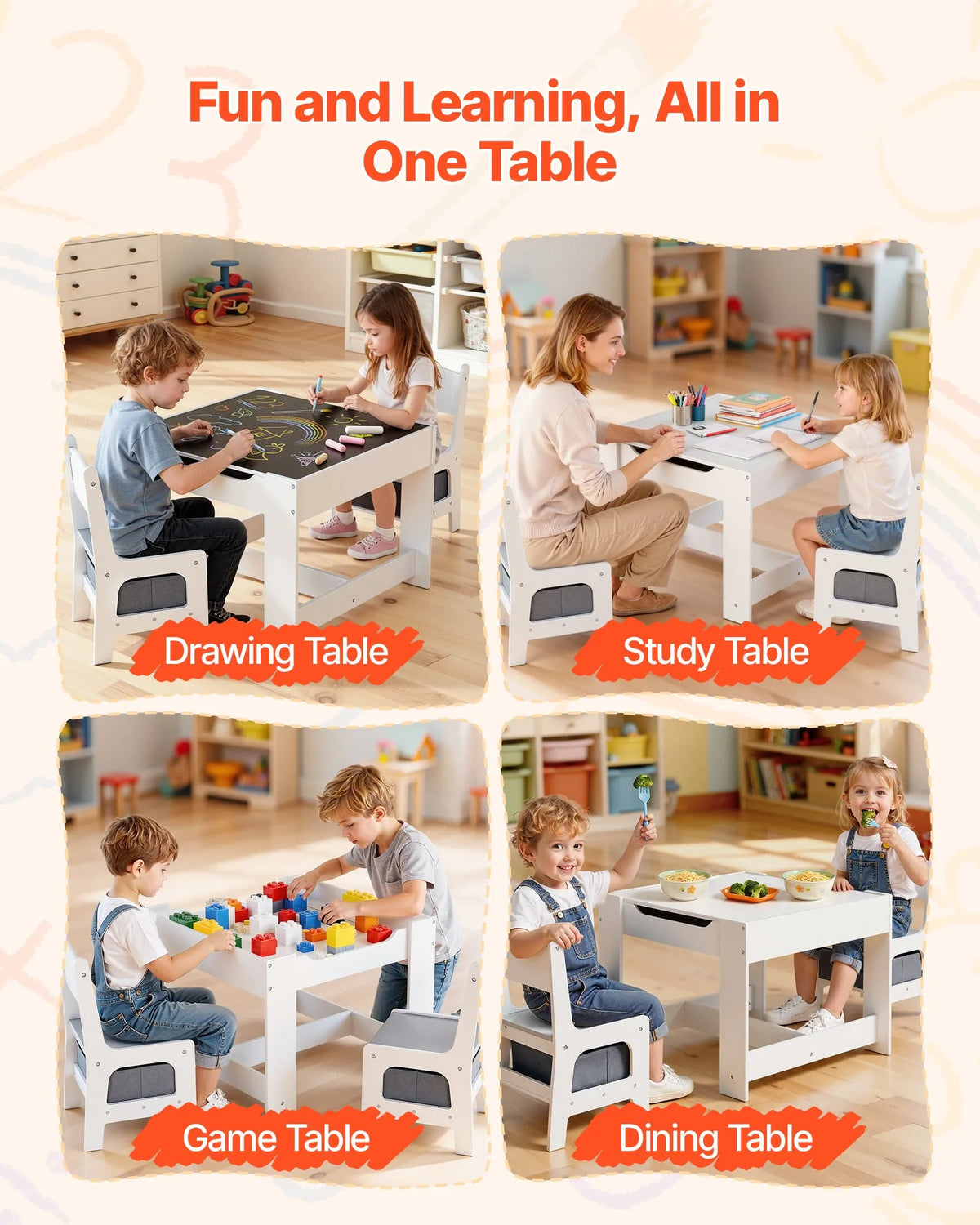 VEVOR Children's Table with 2 Chairs and Storage, Wood, White