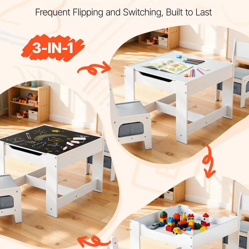 VEVOR bērnu galds ar 2 krēsliem, toddleru galds un krēslu komplekts ar uzglabāšanas vietu zem galda un auduma kastīti zem krēsliem, koka galds mākslai, radošajām aktivitātēm, lasīšanai, mācībām un zīmēšanai, balts.