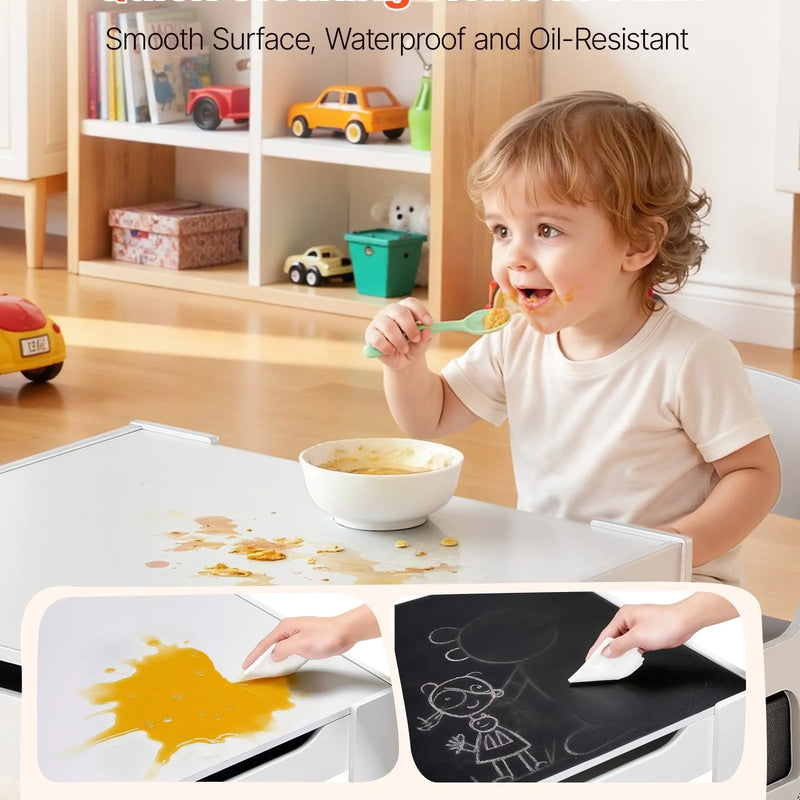 VEVOR bērnu galds ar 2 krēsliem, toddleru galds un krēslu komplekts ar uzglabāšanas vietu zem galda un auduma kastīti zem krēsliem, koka galds mākslai, radošajām aktivitātēm, lasīšanai, mācībām un zīmēšanai, balts.