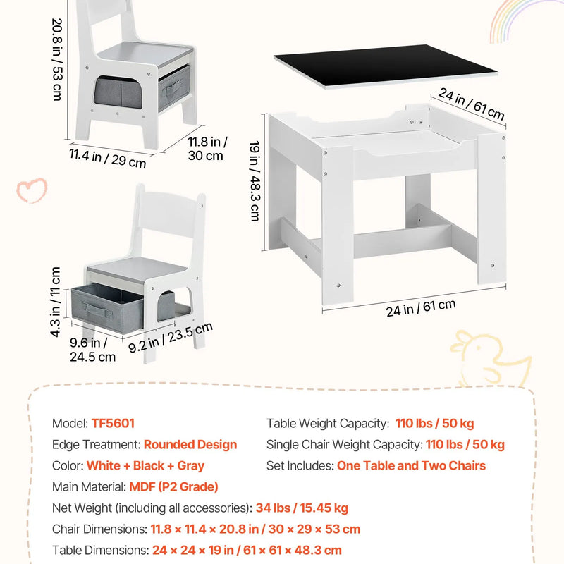 VEVOR bērnu galds ar 2 krēsliem, toddleru galds un krēslu komplekts ar uzglabāšanas vietu zem galda un auduma kastīti zem krēsliem, koka galds mākslai, radošajām aktivitātēm, lasīšanai, mācībām un zīmēšanai, balts.