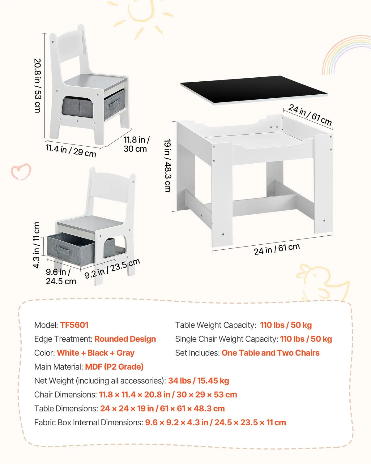 VEVOR Children's Table with 2 Chairs and Storage, Wood, White