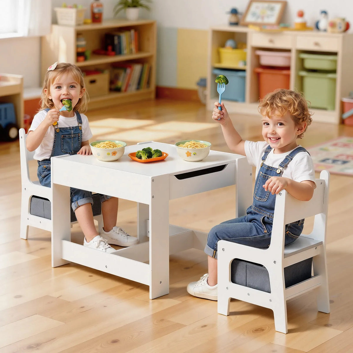 VEVOR Children's Table with 2 Chairs and Storage, Wood, White