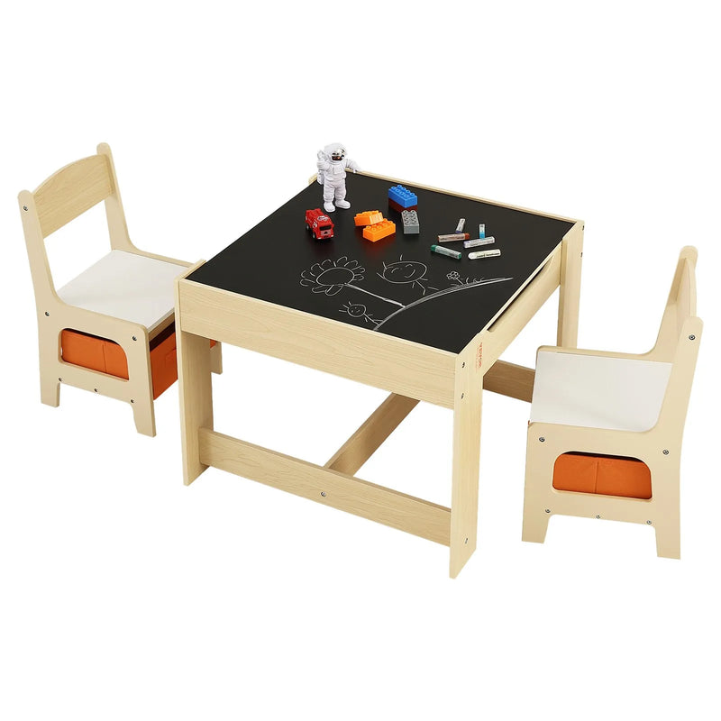 VEVOR bērnu galds ar 2 krēsliem, mazuļu galda un krēslu komplekts ar uzglabāšanas vietu zem galda un auduma uzglabāšanas kastēm zem krēsliem, koka galds zīmēšanai, radošiem darbiem, lasīšanai un mācībām, dabīgā koka tonī