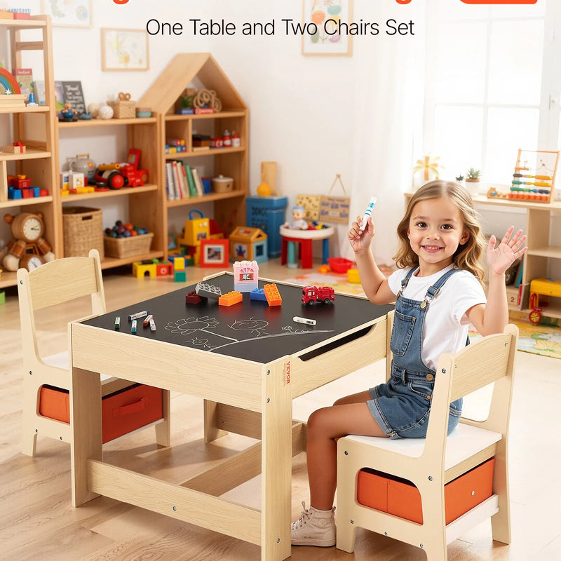 VEVOR bērnu galds ar 2 krēsliem, mazuļu galda un krēslu komplekts ar uzglabāšanas vietu zem galda un auduma uzglabāšanas kastēm zem krēsliem, koka galds zīmēšanai, radošiem darbiem, lasīšanai un mācībām, dabīgā koka tonī