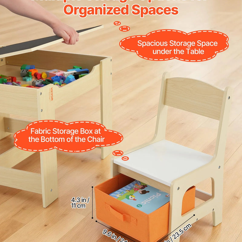 VEVOR bērnu galds ar 2 krēsliem, mazuļu galda un krēslu komplekts ar uzglabāšanas vietu zem galda un auduma uzglabāšanas kastēm zem krēsliem, koka galds zīmēšanai, radošiem darbiem, lasīšanai un mācībām, dabīgā koka tonī
