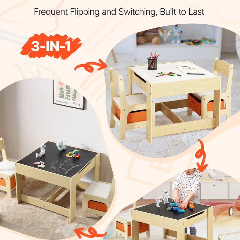 VEVOR bērnu galds ar 2 krēsliem, mazuļu galda un krēslu komplekts ar uzglabāšanas vietu zem galda un auduma uzglabāšanas kastēm zem krēsliem, koka galds zīmēšanai, radošiem darbiem, lasīšanai un mācībām, dabīgā koka tonī