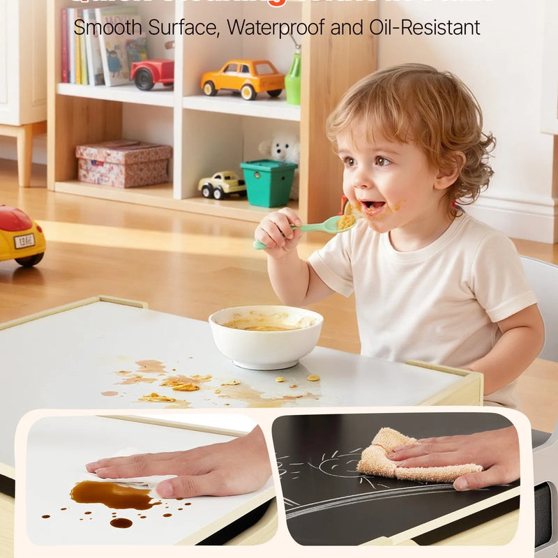 VEVOR bērnu galds ar 2 krēsliem, mazuļu galda un krēslu komplekts ar uzglabāšanas vietu zem galda un auduma uzglabāšanas kastēm zem krēsliem, koka galds zīmēšanai, radošiem darbiem, lasīšanai un mācībām, dabīgā koka tonī