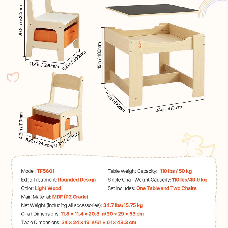 VEVOR bērnu galds ar 2 krēsliem, mazuļu galda un krēslu komplekts ar uzglabāšanas vietu zem galda un auduma uzglabāšanas kastēm zem krēsliem, koka galds zīmēšanai, radošiem darbiem, lasīšanai un mācībām, dabīgā koka tonī