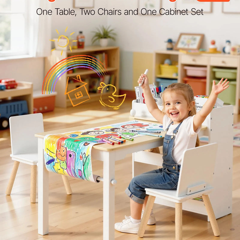 VEVOR bērnu mākslas galds ar krēsliem, toddleru radošais galds ar 3 līmeņu uzglabāšanas skapi, koka aktivitāšu galds ar 2 krēsliem, mākslas un radošajām aktivitātēm, lasīšanai, mācībām, zīmēšanai un rakstīšanai, balts.