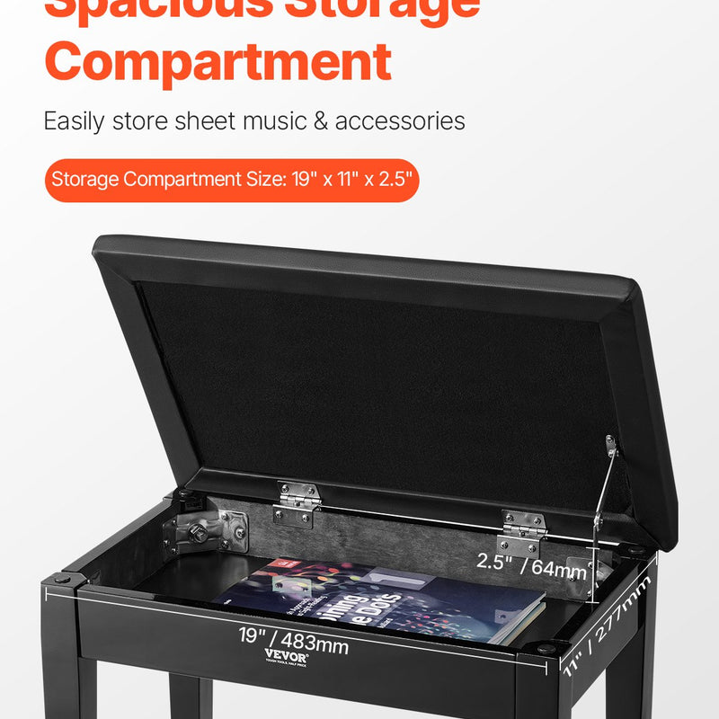 VEVOR klavieru soliņš ar polsterētu sēdekli un uzglabāšanas nodalījumu, koka