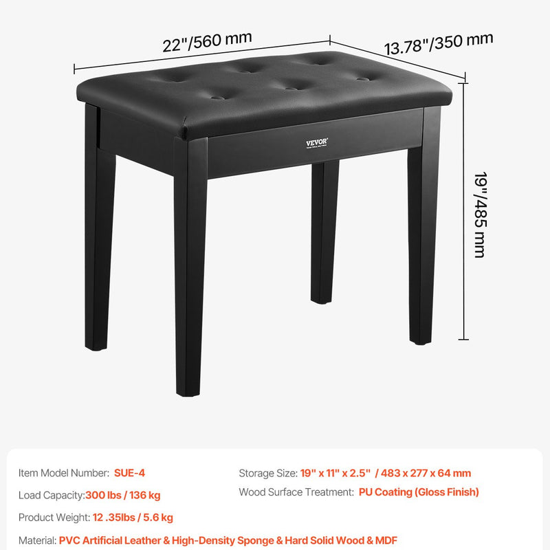 VEVOR klavieru soliņš ar polsterētu sēdekli un uzglabāšanas nodalījumu, koka