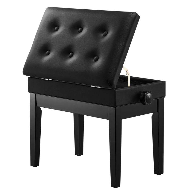 VEVOR regulējams klaviatūras soliņš ar uzglabāšanas nodalījumu, polsterētu sēdvietu un koka plauktu, 56 × 34 × 49 cm