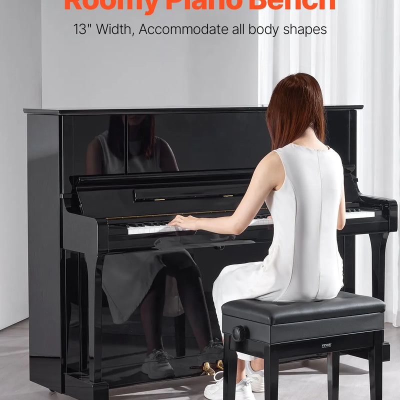 VEVOR regulējams klaviatūras soliņš ar uzglabāšanas nodalījumu, polsterētu sēdvietu un koka plauktu, 56 × 34 × 49 cm
