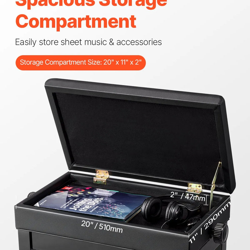 VEVOR regulējams klaviatūras soliņš ar uzglabāšanas nodalījumu, polsterētu sēdvietu un koka plauktu, 56 × 34 × 49 cm