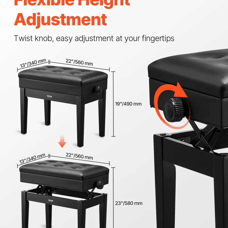 VEVOR regulējams klaviatūras soliņš ar uzglabāšanas nodalījumu, polsterētu sēdvietu un koka plauktu, 56 × 34 × 49 cm