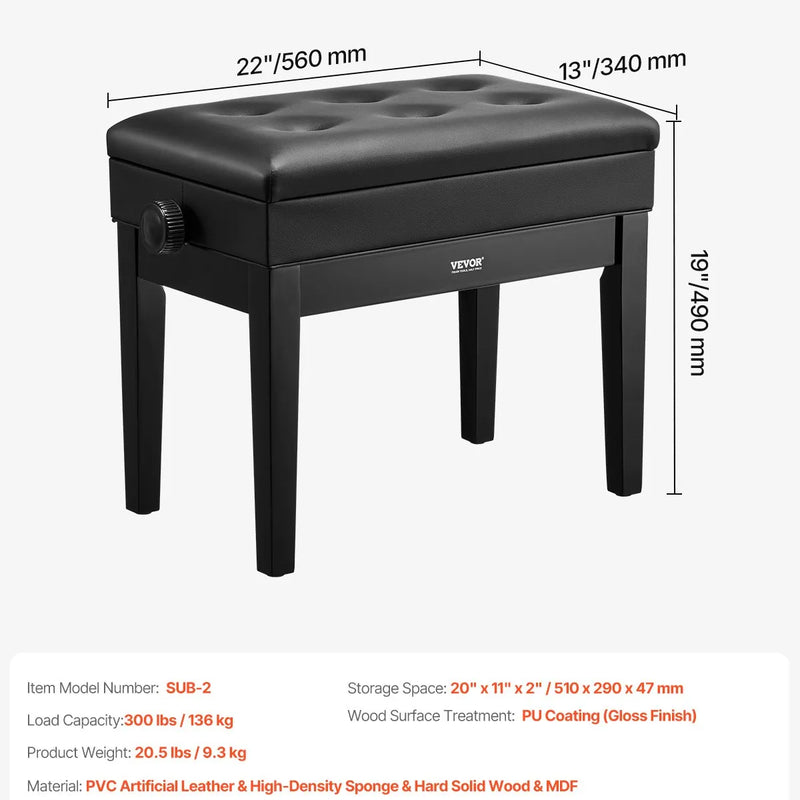 VEVOR regulējams klaviatūras soliņš ar uzglabāšanas nodalījumu, polsterētu sēdvietu un koka plauktu, 56 × 34 × 49 cm