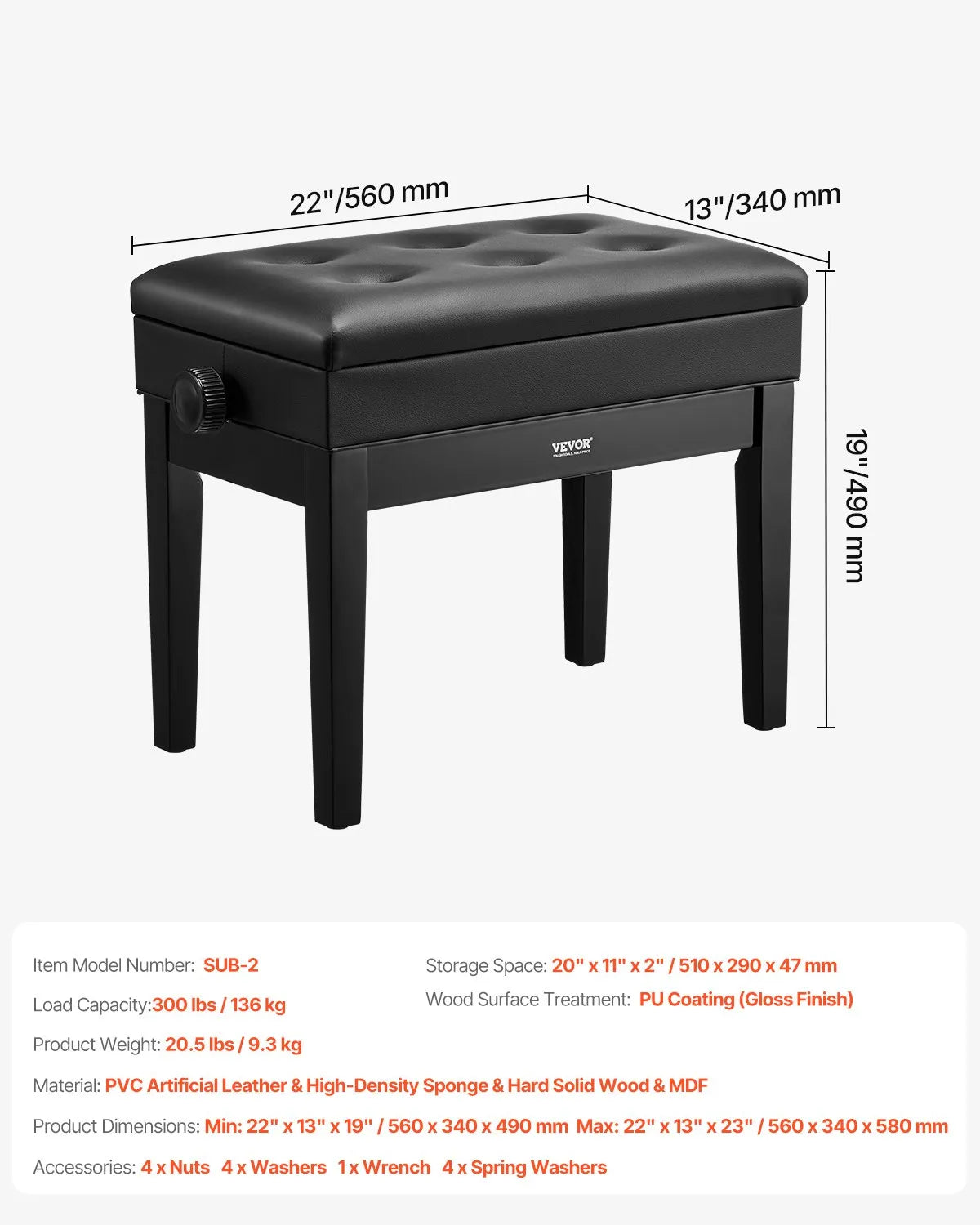 VEVOR Adjustable Piano Bench 56 cm with Storage Compartment and Wooden Shelf