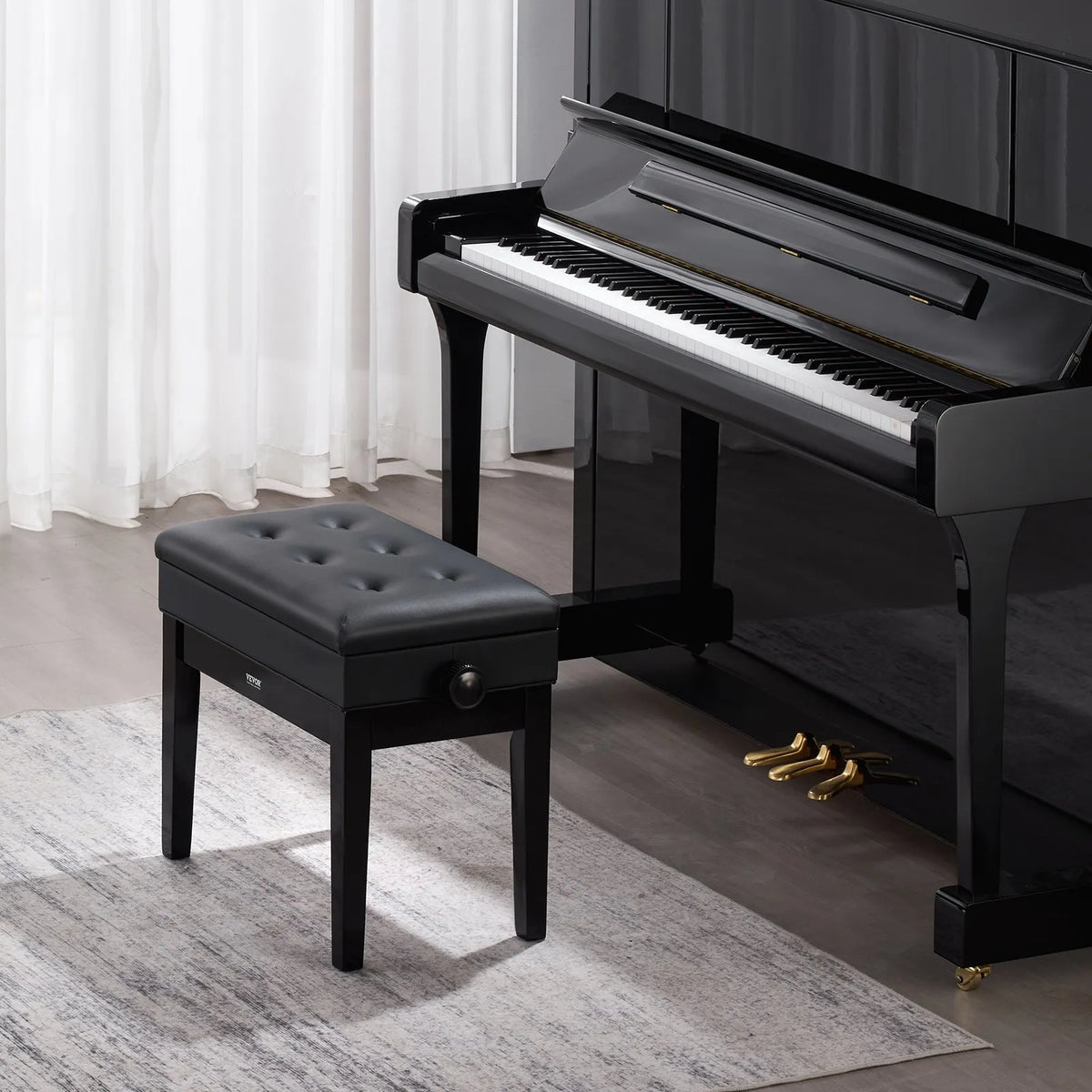 VEVOR Adjustable Piano Bench 56 cm with Storage Compartment and Wooden Shelf