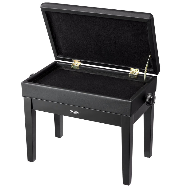 VEVOR regulējams klaviatūras soliņš ar uzglabāšanas nodalījumu, polsterētu sēdvietu un koka plauktu, 56 × 34 × 49 cm