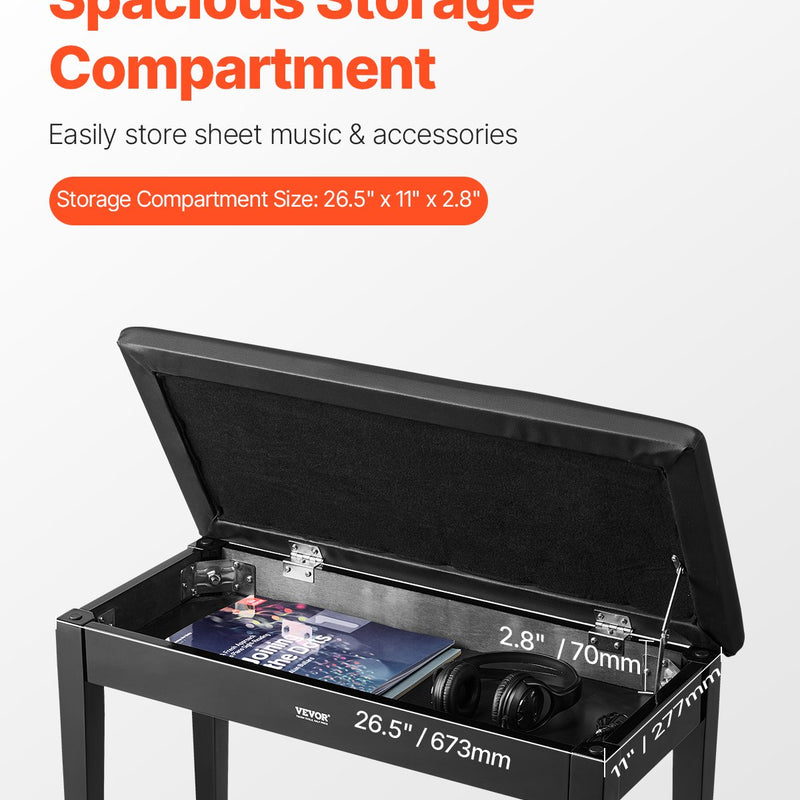 VEVOR dueta klavieru sols ar polsterētu sēdekli un glabātuvi, koka konstrukcija