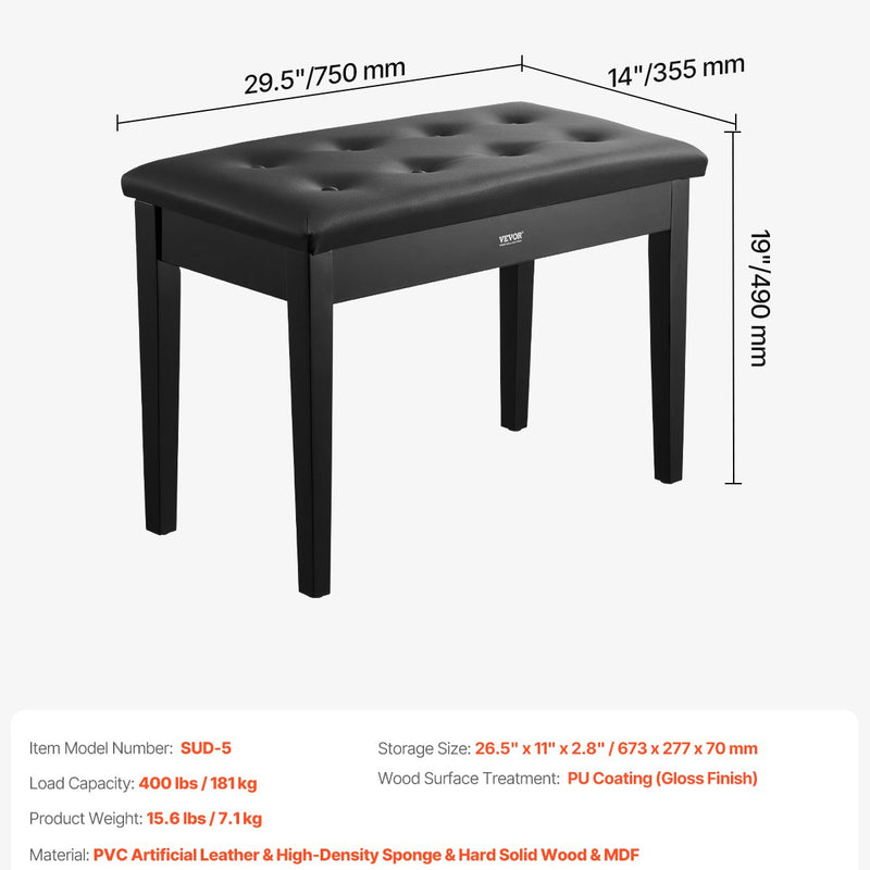 VEVOR dueta klavieru sols ar polsterētu sēdekli un glabātuvi, koka konstrukcija