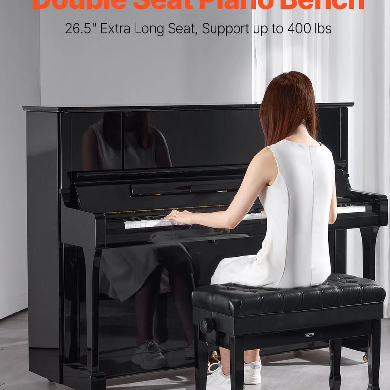 VEVOR regulējams klaviatūras soliņš ar uzglabāšanas nodalījumu, polsterētu sēdvietu un koka grāmatu plauktu, 750 × 360 × 515 mm