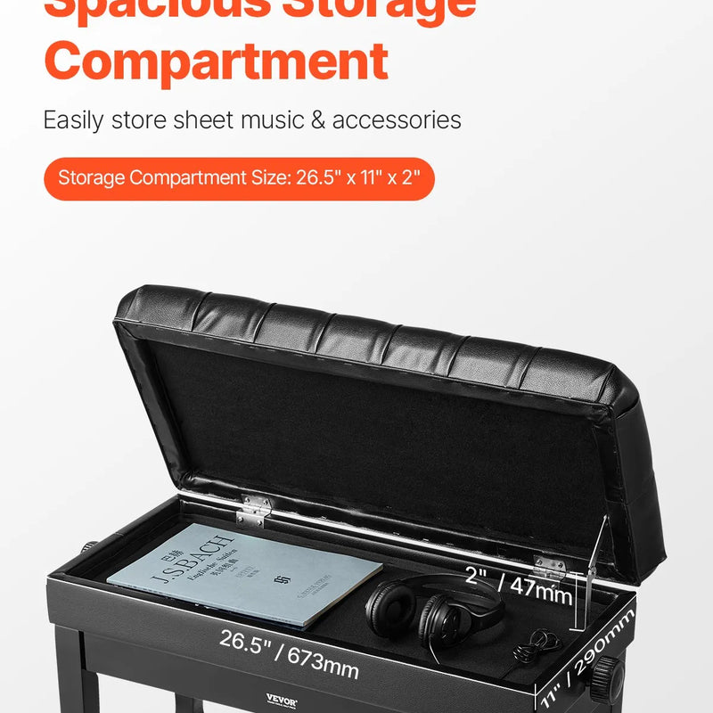 VEVOR regulējams klaviatūras soliņš ar uzglabāšanas nodalījumu, polsterētu sēdvietu un koka grāmatu plauktu, 750 × 360 × 515 mm