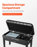 VEVOR regulējams klaviatūras soliņš ar uzglabāšanas nodalījumu, polsterētu sēdvietu un koka grāmatu plauktu, 750 × 360 × 515 mm