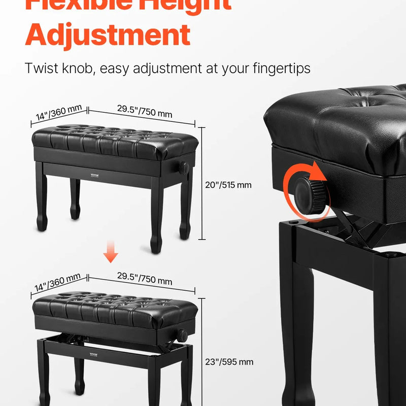 VEVOR regulējams klaviatūras soliņš ar uzglabāšanas nodalījumu, polsterētu sēdvietu un koka grāmatu plauktu, 750 × 360 × 515 mm