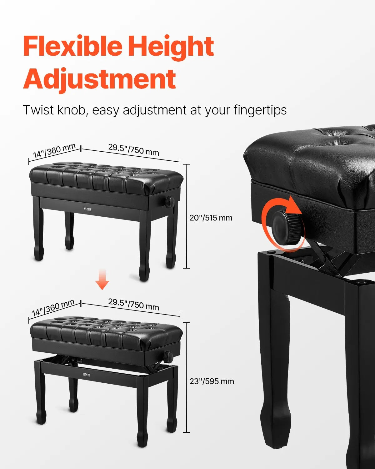 VEVOR Adjustable Duet Piano Bench 75 cm with Storage Compartment and Book Shelf