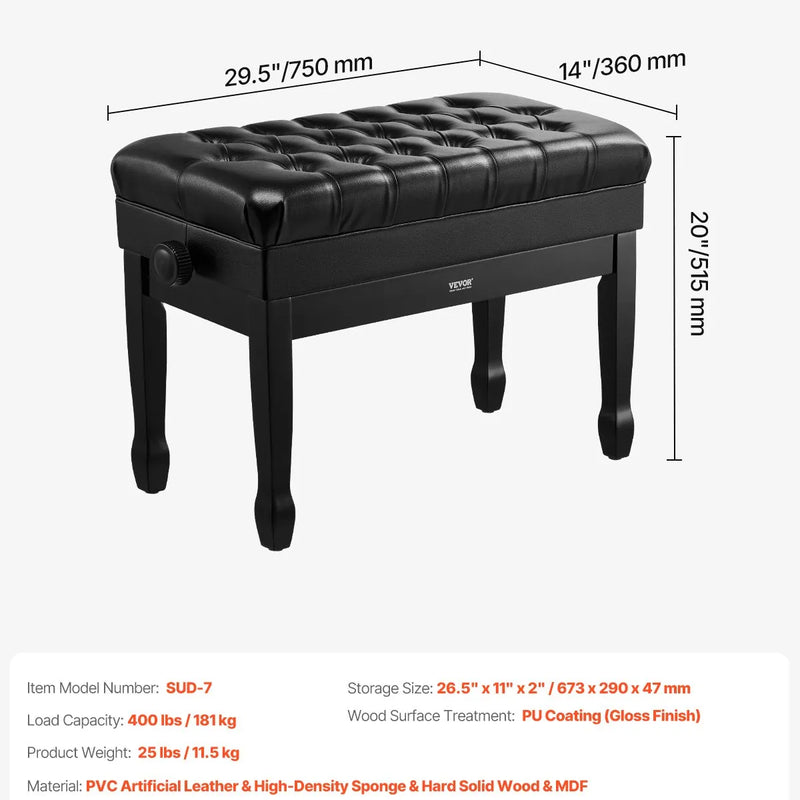 VEVOR regulējams klaviatūras soliņš ar uzglabāšanas nodalījumu, polsterētu sēdvietu un koka grāmatu plauktu, 750 × 360 × 515 mm