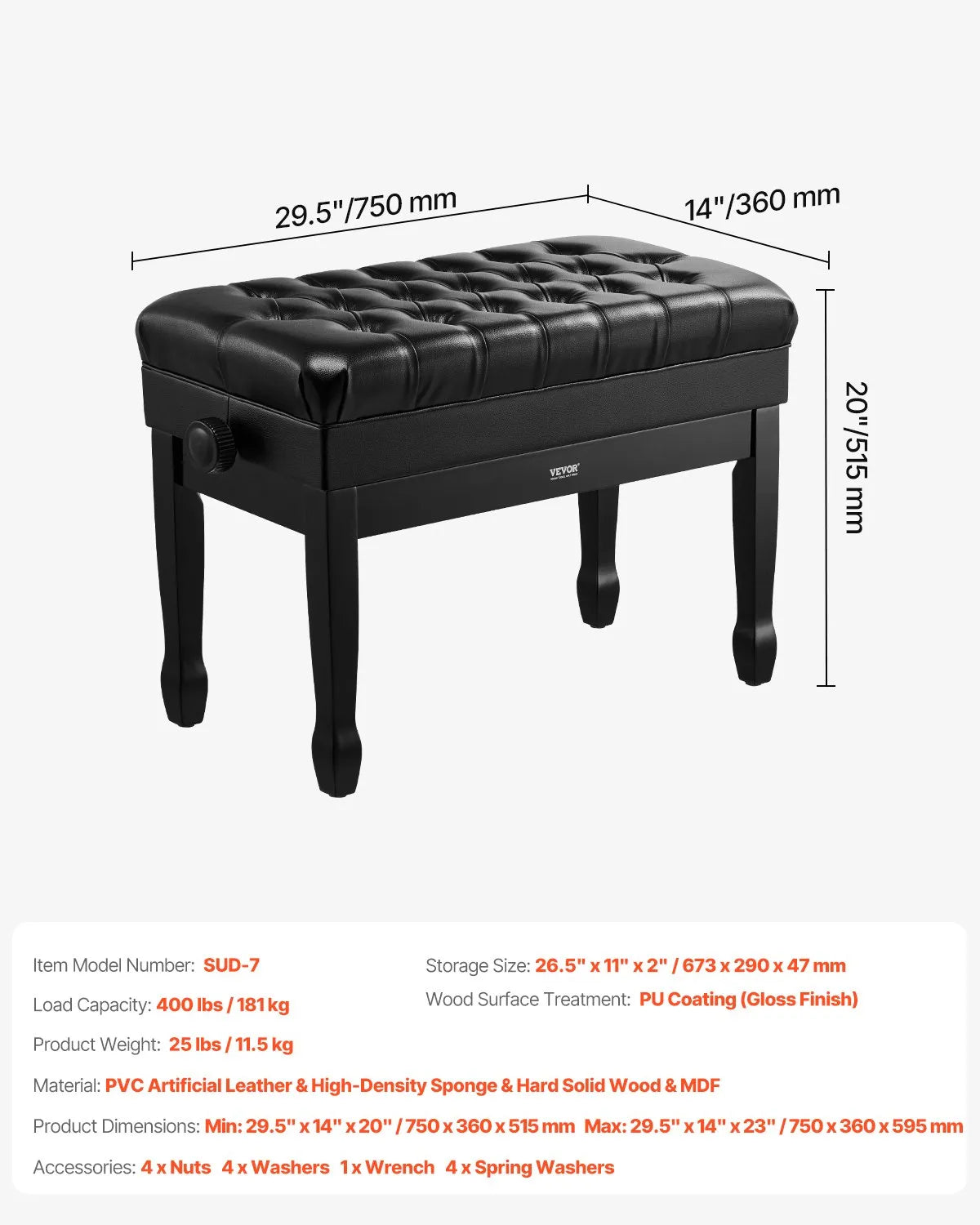 VEVOR Adjustable Duet Piano Bench 75 cm with Storage Compartment and Book Shelf