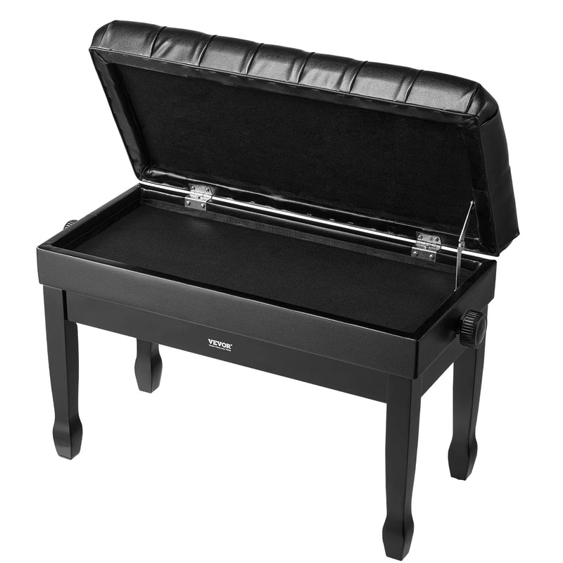 VEVOR regulējams klaviatūras soliņš ar uzglabāšanas nodalījumu, polsterētu sēdvietu un koka grāmatu plauktu, 750 × 360 × 515 mm