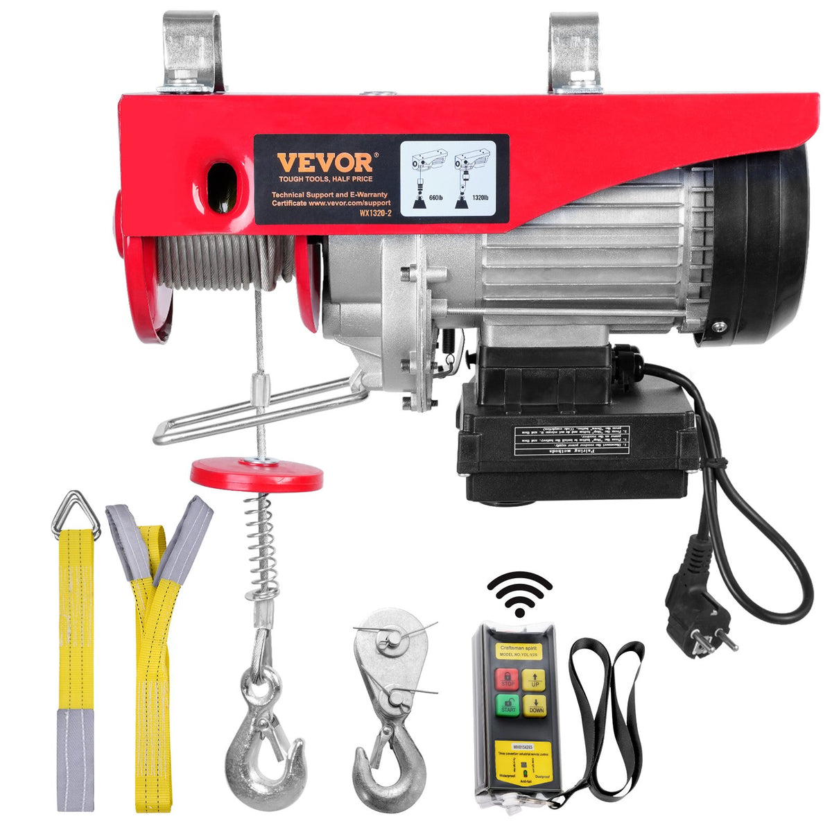VEVOR Electric Hoist, 600 kg Lifting Capacity, 1150 W, 220 V Steel Wire Rope Winch with Wireless Remote Control, 12 m Lifting Height (Single Rope), Pure Copper Motor, Suitable for Garage, Warehouse, Factory
