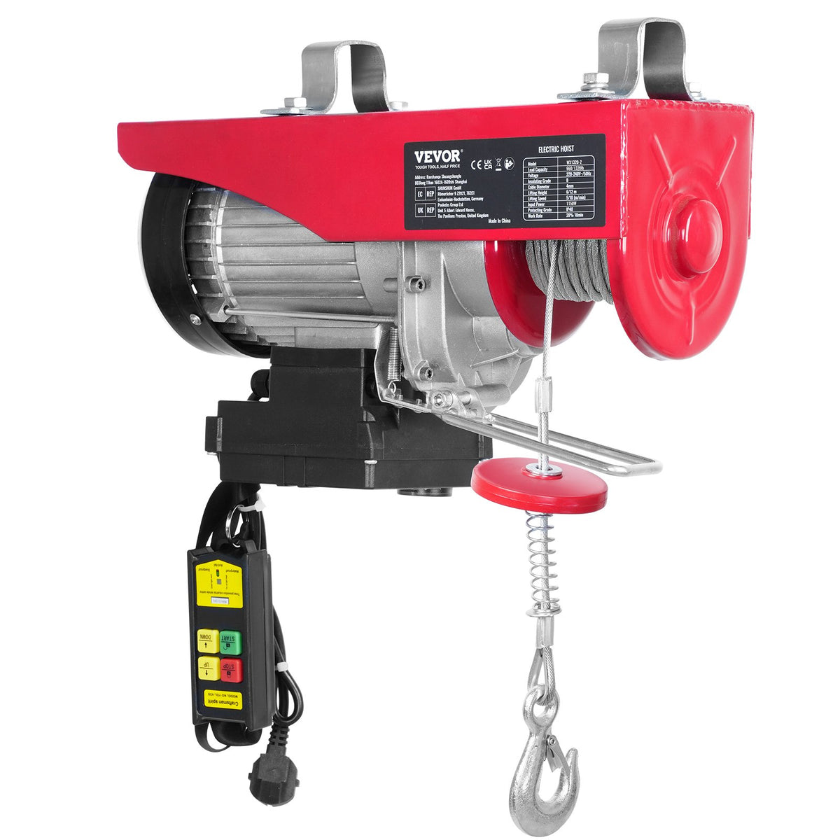 VEVOR Electric Hoist, 600 kg Lifting Capacity, 1150 W, 220 V Steel Wire Rope Winch with Wireless Remote Control, 12 m Lifting Height (Single Rope), Pure Copper Motor, Suitable for Garage, Warehouse, Factory