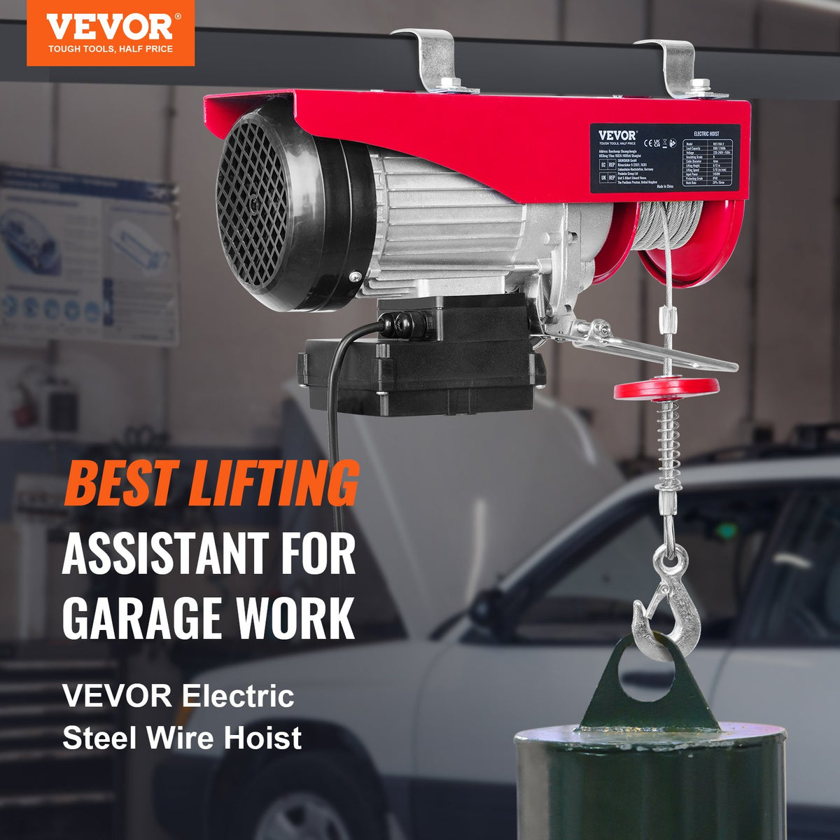 VEVOR Electric Hoist, 600 kg Lifting Capacity, 1150 W, 220 V Steel Wire Rope Winch with Wireless Remote Control, 12 m Lifting Height (Single Rope), Pure Copper Motor, Suitable for Garage, Warehouse, Factory