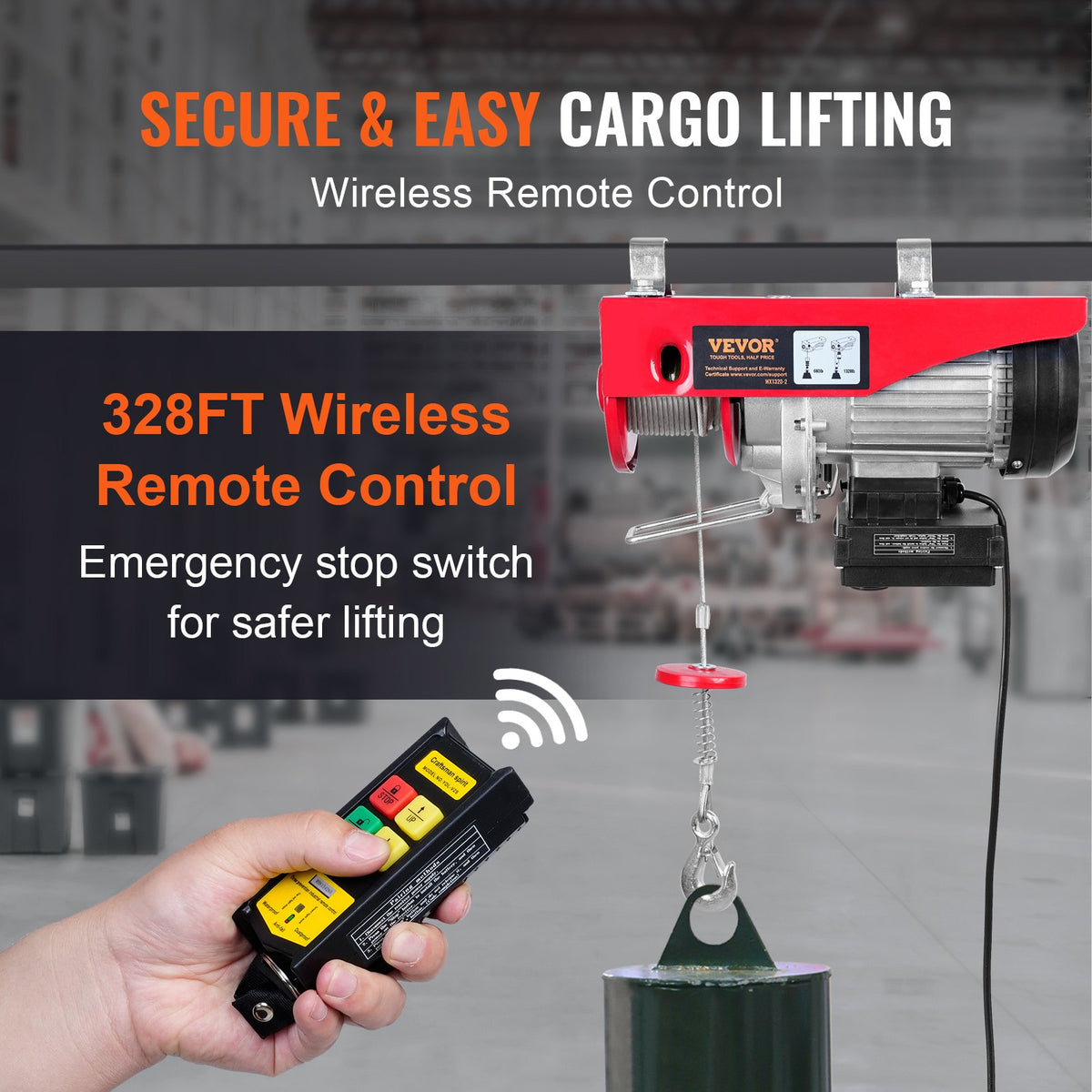 VEVOR Electric Hoist, 600 kg Lifting Capacity, 1150 W, 220 V Steel Wire Rope Winch with Wireless Remote Control, 12 m Lifting Height (Single Rope), Pure Copper Motor, Suitable for Garage, Warehouse, Factory