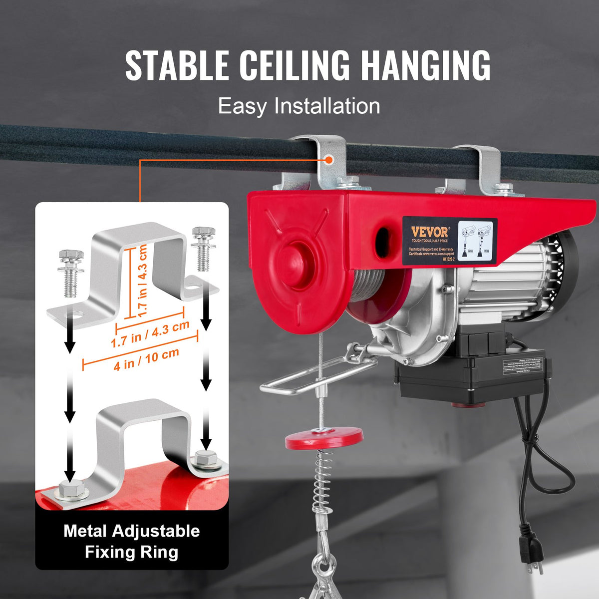 VEVOR Electric Hoist, 600 kg Lifting Capacity, 1150 W, 220 V Steel Wire Rope Winch with Wireless Remote Control, 12 m Lifting Height (Single Rope), Pure Copper Motor, Suitable for Garage, Warehouse, Factory