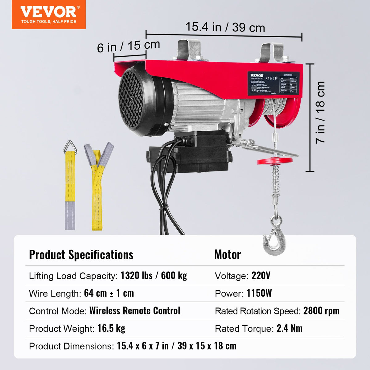 VEVOR Electric Hoist, 600 kg Lifting Capacity, 1150 W, 220 V Steel Wire Rope Winch with Wireless Remote Control, 12 m Lifting Height (Single Rope), Pure Copper Motor, Suitable for Garage, Warehouse, Factory