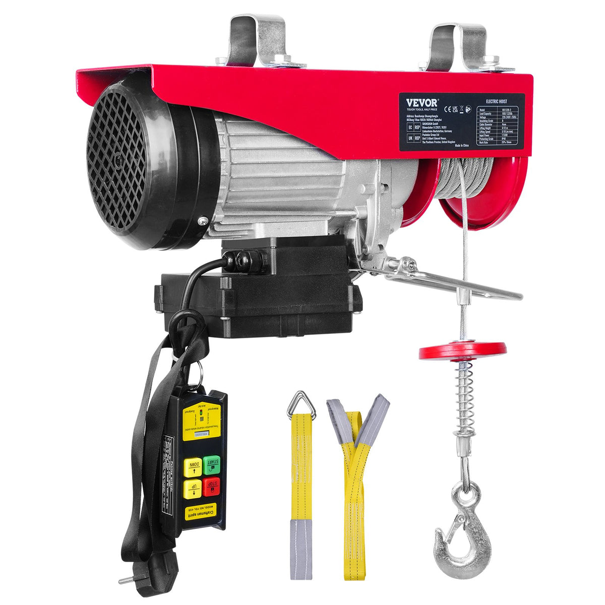 VEVOR Electric Hoist, 600 kg Lifting Capacity, 1150 W, 220 V Steel Wire Rope Winch with Wireless Remote Control, 12 m Lifting Height (Single Rope), Pure Copper Motor, Suitable for Garage, Warehouse, Factory