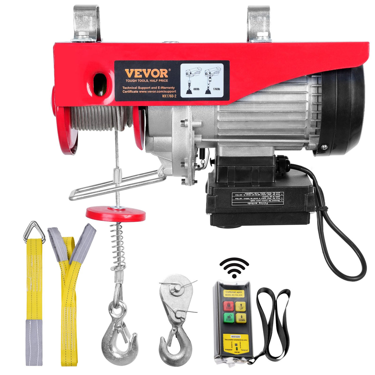 VEVOR elektriskais pacēlājs, 800 kg celtspēja, 1450 W, 220 V tērauda troses vinča ar bezvadu tālvadību, 12 m pacelšanas augstums (vienkāršā trose), tīra vara motors, piemērots garāžām, noliktavām, rūpnīcām