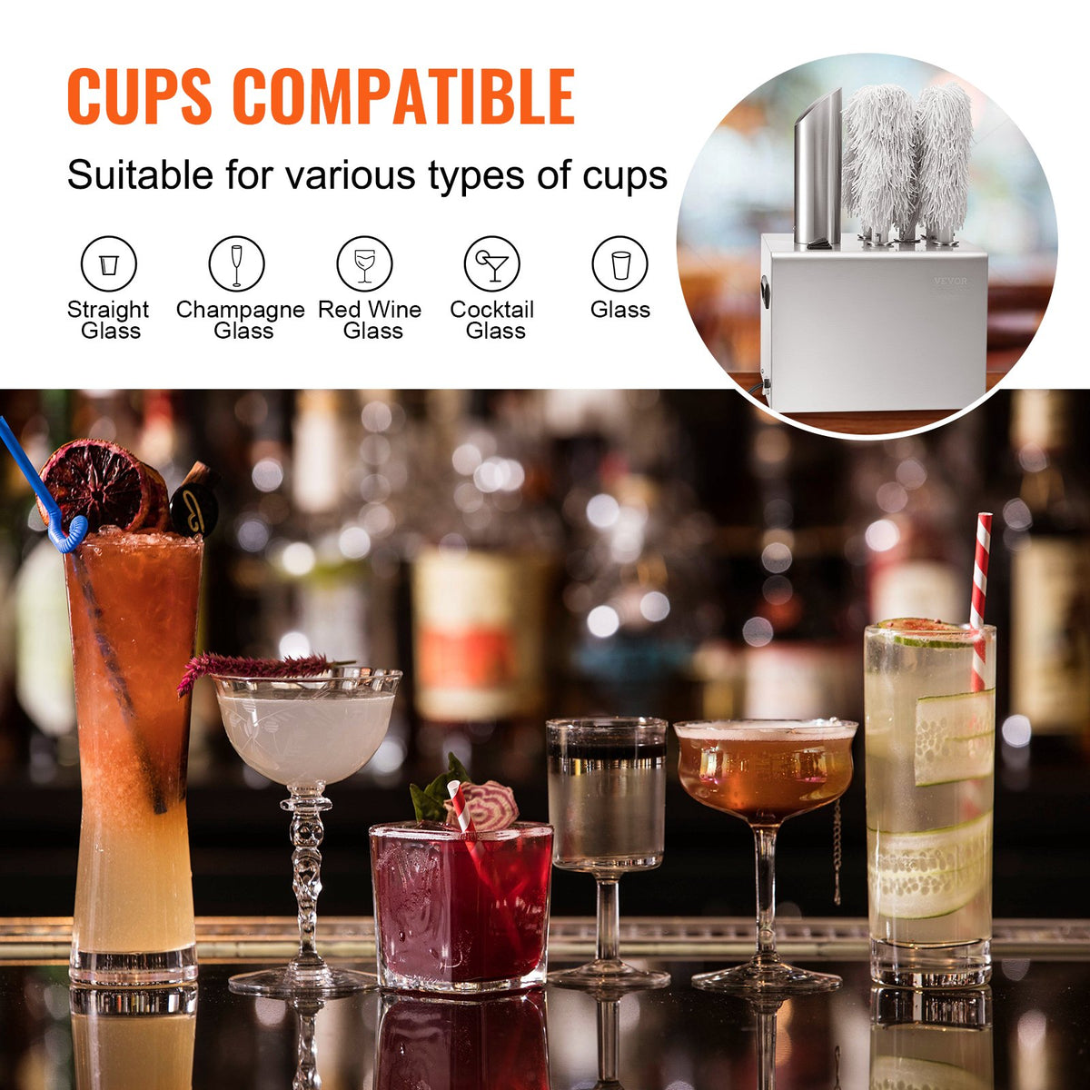 VEVOR Wine Glass Polisher with 5 Brushes, 330 Glasses per Hour, for Bar and Restaurant