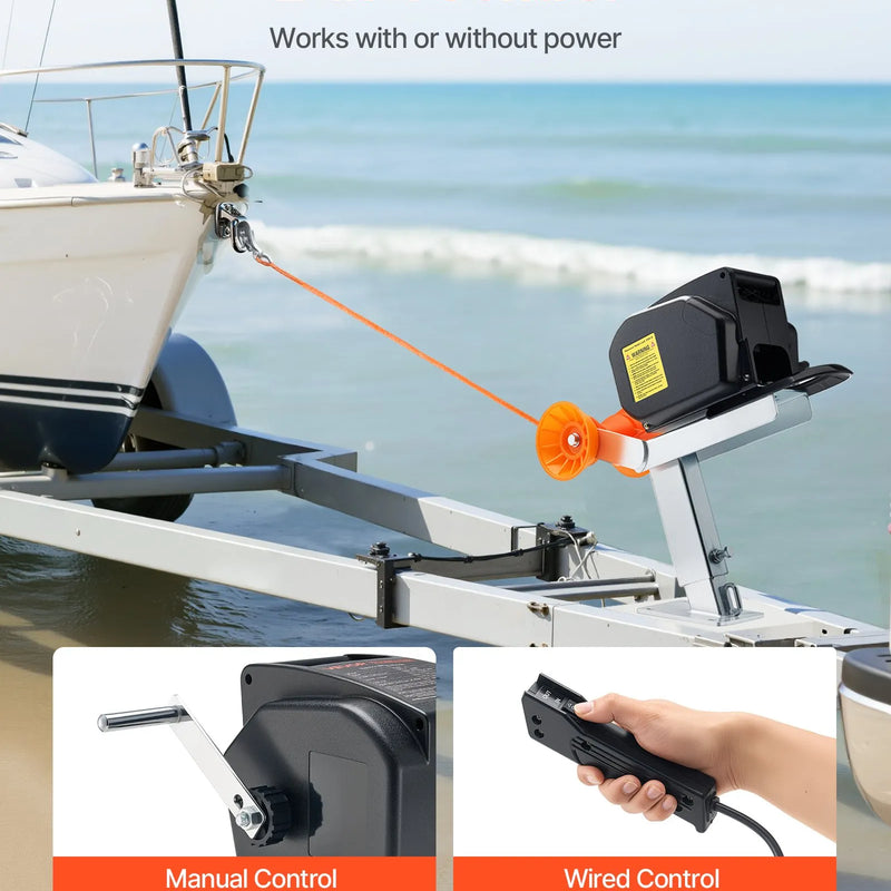 VEVOR elektriskā laivu vinča 12 V DC, 300 W, reversējama piekabes vinča laivām līdz 900 kg, ar ievelkšanas, izvilkšanas un brīvskrējiena režīmu, vadu pulti un rokas kloķi.