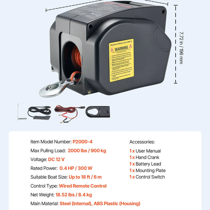VEVOR elektriskā laivu vinča 12 V DC, 300 W, reversējama piekabes vinča laivām līdz 900 kg, ar ievelkšanas, izvilkšanas un brīvskrējiena režīmu, vadu pulti un rokas kloķi.