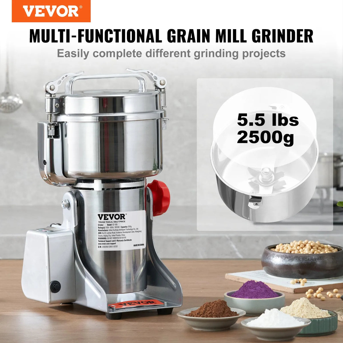 VEVOR Electric Grain and Spice Grinder 2500 g, 2500 W, Commercial, Stainless Steel