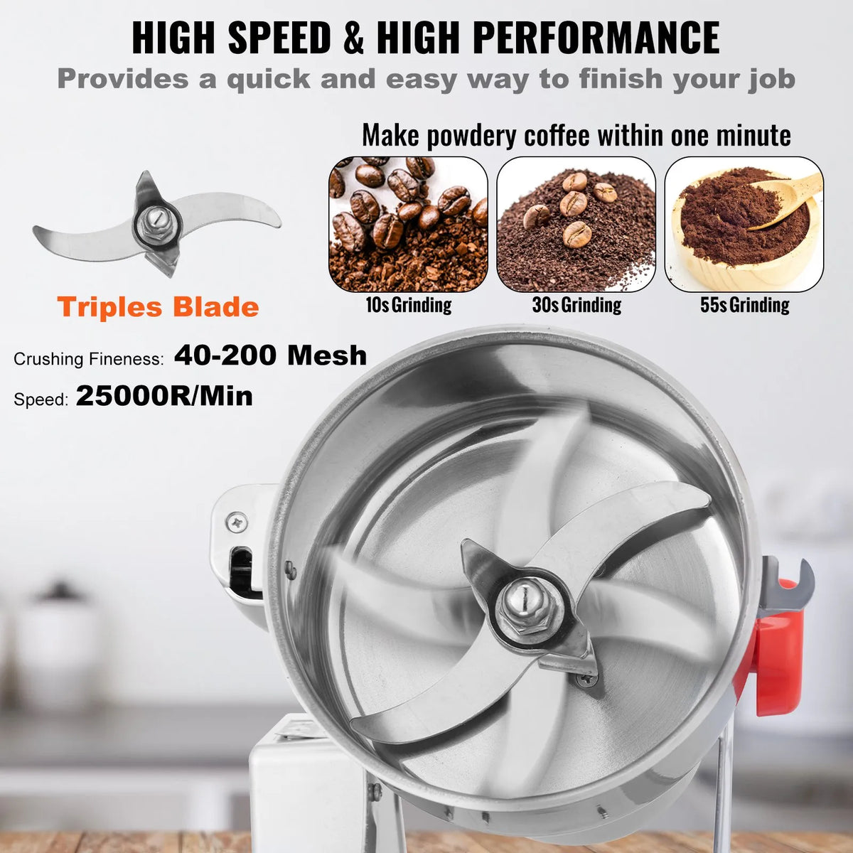 VEVOR Electric Grain and Spice Grinder 2500 g, 2500 W, Commercial, Stainless Steel